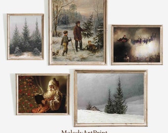 Retro Christmas Art Prints, Vintage Holiday Decor Set of 5 (Digital Download)