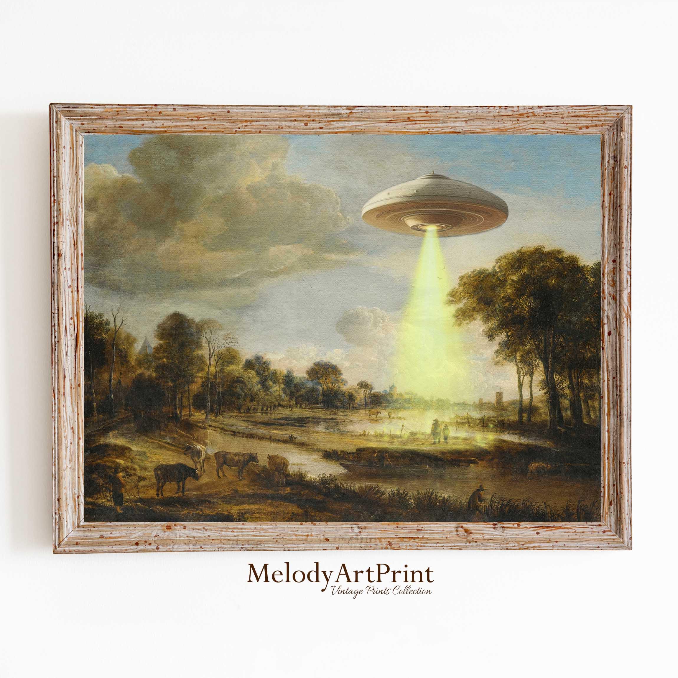絵画 UFO UFO in Vintage Landscape Art Print: Funny Alien Abduction (digital