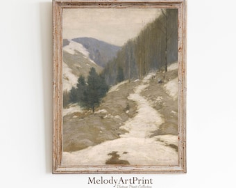 Vintage winterlandschap met berglandschap | Rustieke interieurkunst (digitale download)