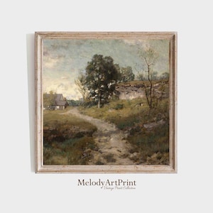 Square Printable Country Road Landscape Oil Painting, Vintage Landscape Square Art Print, Country Square Wall Art Decor Digital Download