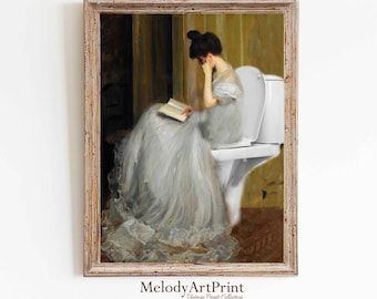 Funny Bathroom Art Print: Woman Reading on Toilet (Digital Download)