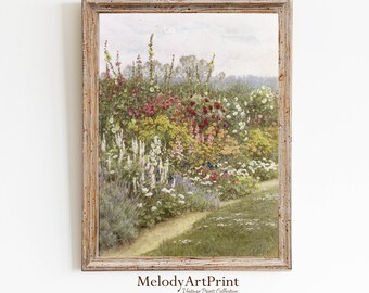Vintage Flower Field Oil Painting Print: Spring Garden Landscape (Digital Download)