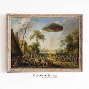Vintage Landscape Funny Altered Art Print UFO Printable Wall Art Eclectic Print Alien Abduction Decor Art Prints Digital Download Art Poster