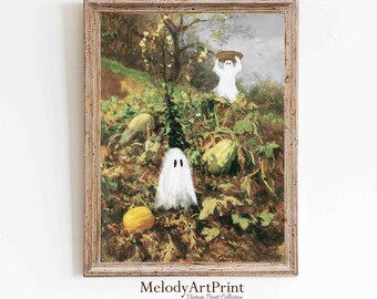 Vintage Halloween Ghost Print: Pumpkin Garden Landscape (Digital Download)