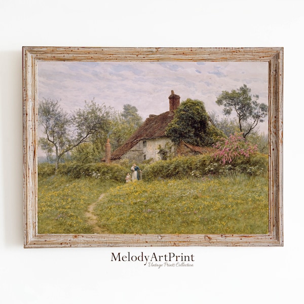 Vintage Cottage Painting, Country Landscape Print, Antique Garden Decor, English Cottage, Country Farmhouse, Printable DIGITAL DOWNLOAD