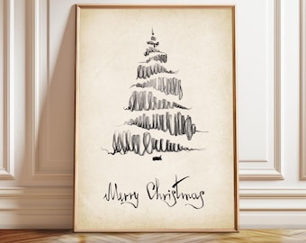 Kerstboomschets in antieke stijl, vintage neutrale vakantieprint, handgetekende wintermuurdecoratie