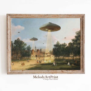 Funny Art Altered Print Victorian Landscape UFO Printable Wall Art Eclectic Print Alien Abduction Decor Art Prints Digital Download