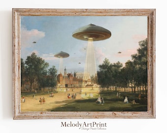 May include: A vintage-style painting depicting a city park with a large building in the background. Several flying saucers hover in the sky, casting beams of light down on the scene. The painting is framed in a light wood frame.