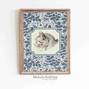 Impresión de gato vintage, arte infantil caprichoso, decoración de pared con animales de estilo cottagecore, descarga digital, fondo floral