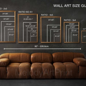 May include: A wall art size guide with different ratios and measurements in inches. The guide shows the different sizes of wall art that can be used for different ratios, such as 2x3, 3x4, 4x5, and ISO A1. The guide also includes a sofa in the bottom of the image.