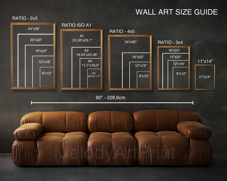 May include: A wall art size guide with different ratios and measurements in inches. The guide shows the different sizes of wall art that can be used for different ratios, such as 2x3, 3x4, 4x5, and ISO A1. The guide also includes a sofa in the bottom of the image.