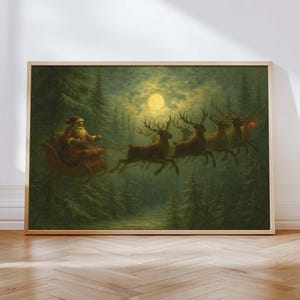Santa Claus Sleigh Print, Vintage Christmas Wall Art, Reindeer Digital Painting, Festive Holiday Decor, Printable Winter Download
