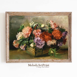 Moody Floral Oil Painting Print, Vintage Country Botanical Wall Art PRINTABLE DIGITAL Downloadable, Still Life Flowers Painting in Vase
