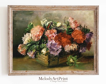Impresión de pintura al óleo floral vintage: Bodegón con flores en jarrón (descarga digital)
