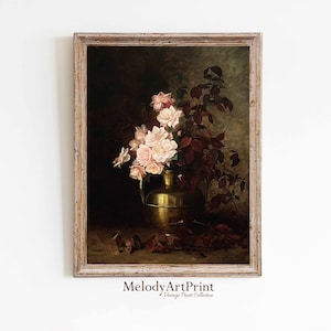 Moody Flower Painting - Printable Wall Art - Vintage Floral Wall Art - Antique Art Print - Farmhouse Wall Art - Moody Botanical Oil Painting