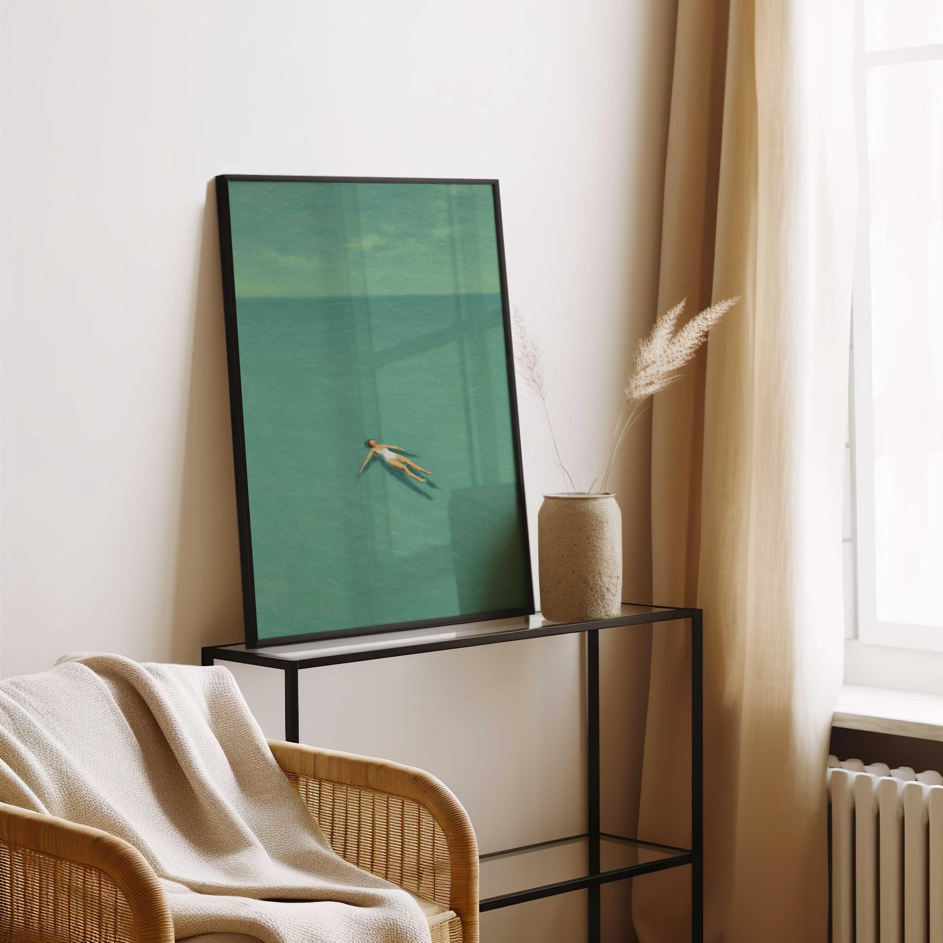 Green Abstract Swimmer Art Print: Minimalist Sea Scene (digital ...