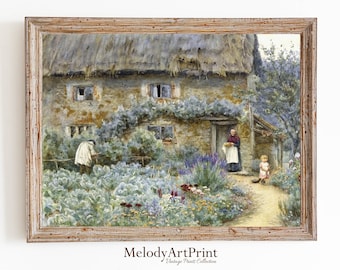 Vintage Flower Garden Painting, Country Cottage Landscape (Digital Download)