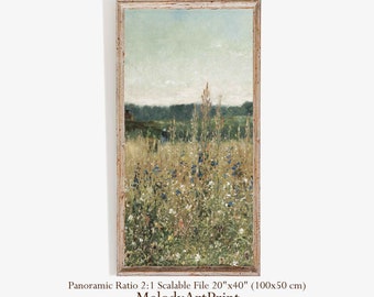 Vintage Wildflower Field Painting, Panoramic Landscape Art (Digital File)