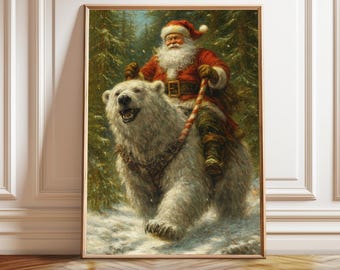 Santa Polar Bear Vintage Christmas Print: Winter Forest Scene (Printable Digital Download)