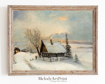 Printable Cottage Winter, Vintage Oil Painting, Cottagecore Wall Art Decor, Farmhouse Print, Digital Download