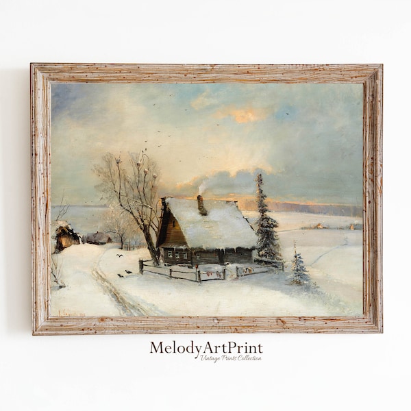 Printable Cottage Winter, Vintage Oil Painting, Cottagecore Wall Art Decor, Farmhouse Print, Digital Download