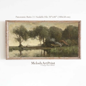 Long Wall Art Landscape, Vintage Panoramic Oil Painting Print, Above Bed Decor, Horizontal Wall Art, Digital Download Printable