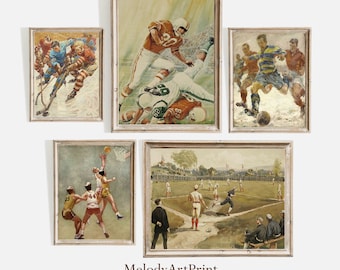 Vintage Nursery Art Gallery Wall, Sports Home Decor Set, Boy's Room Prints, Baseball, Hockey, Basketball, Football, Soccer Wall Art Prints