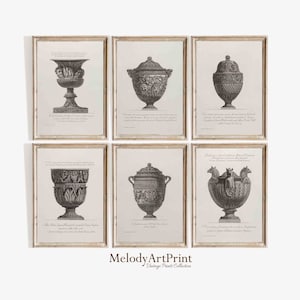 Peut inclure: Six illustrations vintage en noir et blanc d'urnes ornées avec des gravures détaillées. Les illustrations sont encadrées dans un cadre doré simple et comportent du texte en italien.