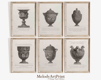 May include: Six vintage black and white illustrations of ornate urns with detailed engravings. The illustrations are framed in a simple gold frame and have text in Italian.