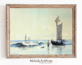 Dipinto di paesaggio marino con barca a vela d'epoca / Arte murale costiera (download digitale)