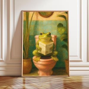 Retro Frog on Toilet Print: Quirky Bathroom Wall Art (Digital Download JPEGs 300 DPI)