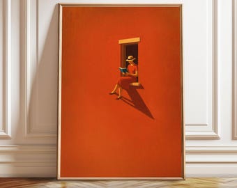Orange Woman Reading Print, Minimalist Abstract Wall Art, Dopamine Library Decor (Digital Download Poster)