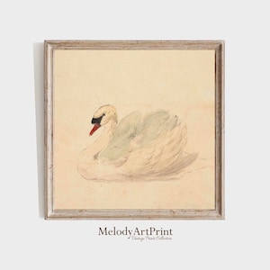 Square Swan Print | Vintage Nursery Wall Decor | Digital Download | Vintage Watercolor Neutral Wall Art Printable | Country Farmhouse Decor