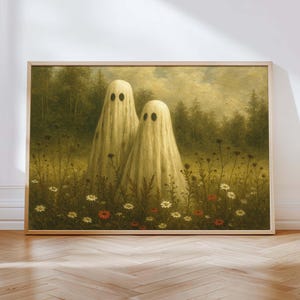 Vintage Cute Ghosts in Wildflower Meadow Print, Spooky Halloween Fall Painting Printable Wall Art, Moody Ghosts Autumn Decor Digital