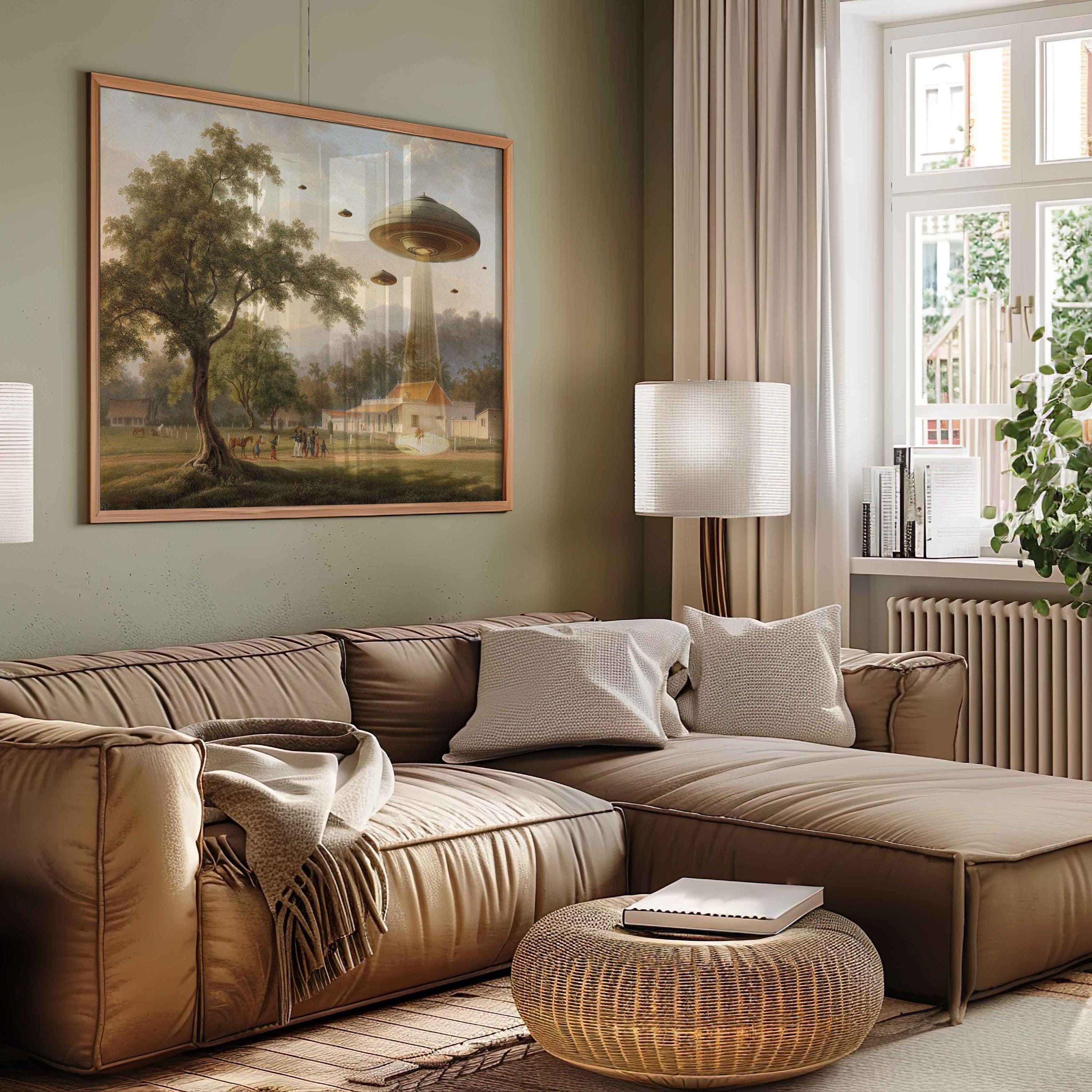 Victorian Landscape UFO Print: Funny Alien Abduction Altered Art