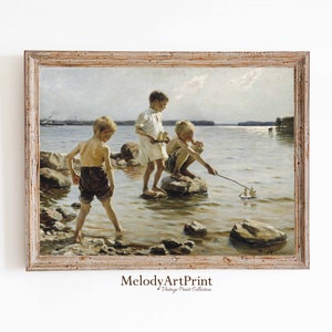 Rustic Nursery Wall Art | Boys Playing on Beach Printable | Vintage Coastal Kids Room Decor | Summer Seaside Wall Art | Digital Download