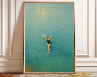 Lámina artística minimalista de natación: Vista aérea del océano, decoración costera (Descarga digital)