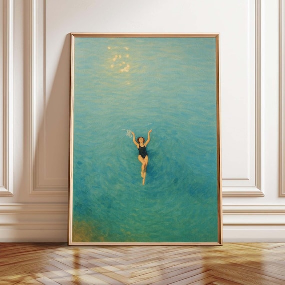 Minimalist Swimming Art Print: Aerial Ocean View, Coastal Decor (Digital Download)