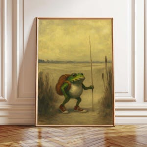 Funny Frog Traveler Art Print, Vintage Cottagecore Animal Decor, Moody Nature Wall Art, Whimsical Printable Digital Download