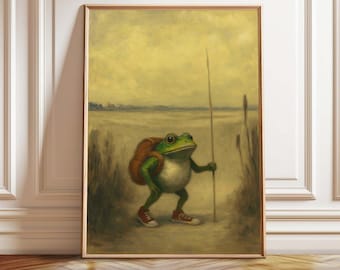 Funny Frog Traveler Art Print: Vintage Cottagecore Decor (Digital Download