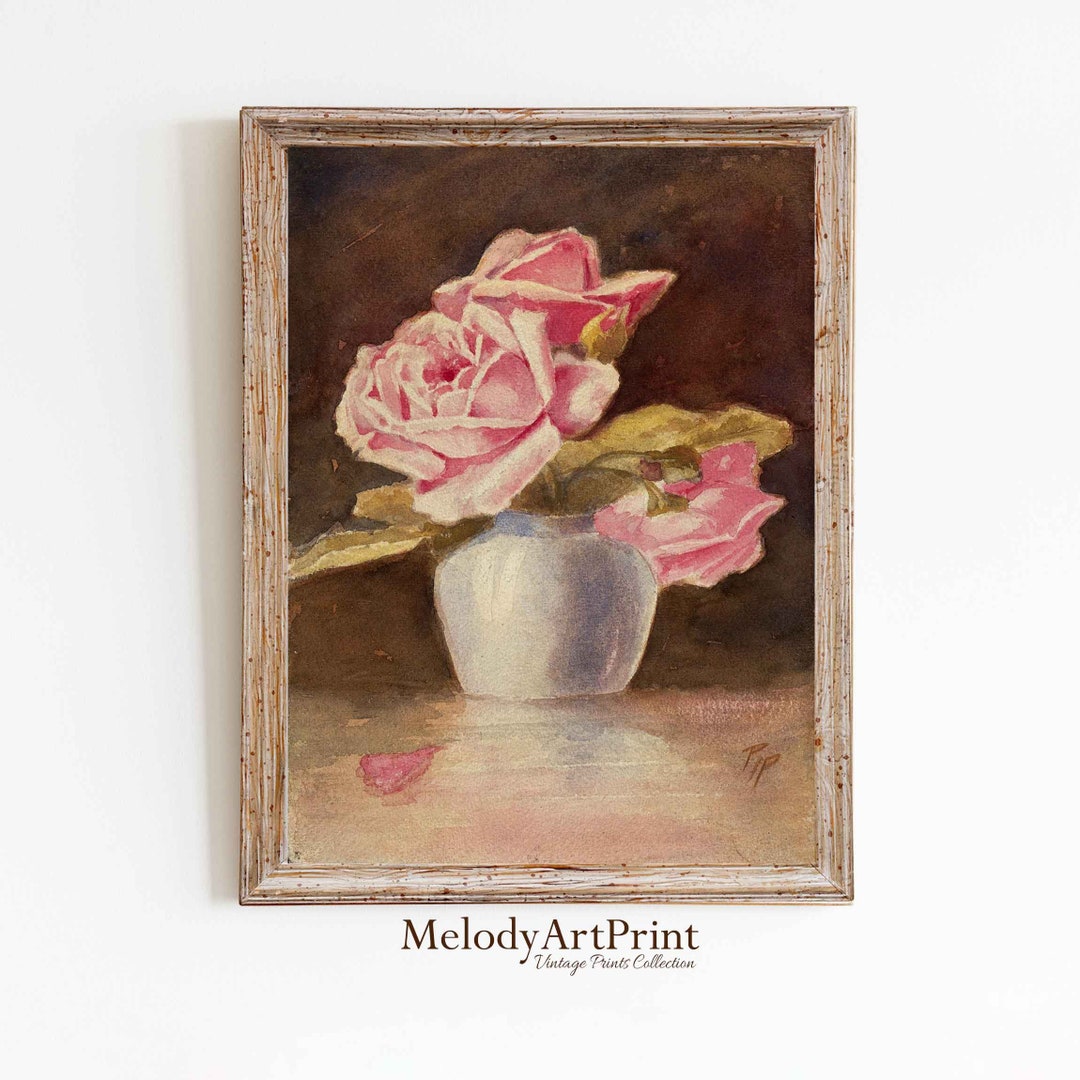 Vintage Pink Roses Still Life Painting Print (digital Download) - Etsy