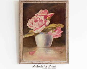 Vintage Pink Roses Still Life Painting Print (Digital Download)