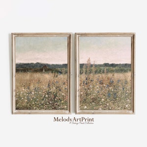 Wildflower Field Set of 2 Prints Vintage Wall Art, Country 2 Pieces, Landscape Painting, Neutral Split Print, Farmhouse Decor, Printable Art