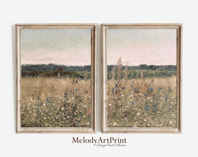 Neutral Wildflower Field Landscape Print Set: Rustic Farmhouse Wall Art ...