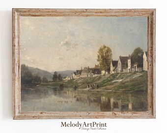 Vintage Lake Painting Art Print: Farmhouse Landscape (Digital Download)