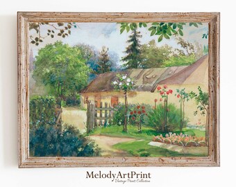 French Country Watercolor Painting Print: Vintage Summer Landscape (Digital Download)