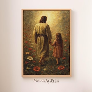 Jesús caminando por el sendero con una niña, Ven y sígueme, Pintura al óleo de Jesús en un campo de flores, Regalo cristiano imprimible, Arte cristiano vintage