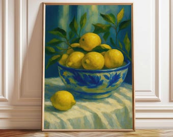 Lemon Still Life Print: Chinoiserie Kitchen Art (Digital Download)