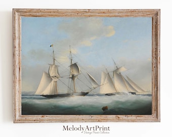 Vintage Sailboat Painting: Minimal Nautical Art Print (Digital Download)
