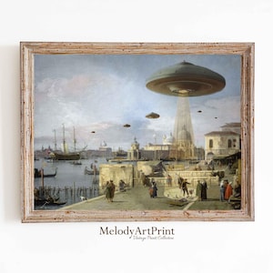 Venice Victorian Landscape Funny Altered Art Print UFO Printable Wall Art Eclectic Print Alien Abduction Decor Art Prints Digital Download